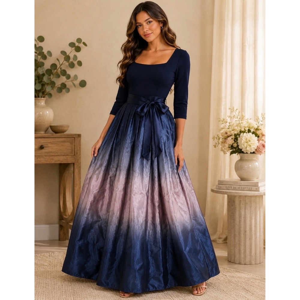 SLNY Evening Gown Women 6P Navy Ombre Excellent Satin Ballgown Formal Dress